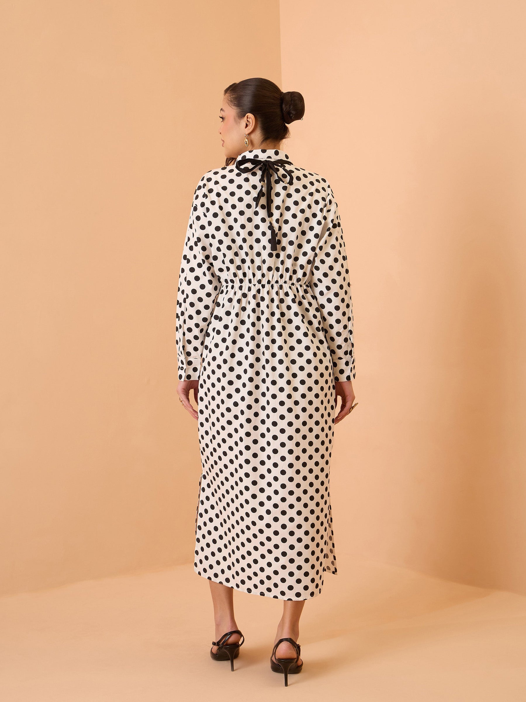 White & Black Small Polka Dot Longline Shirt Dress-Pink Paprika By SASSAFRAS