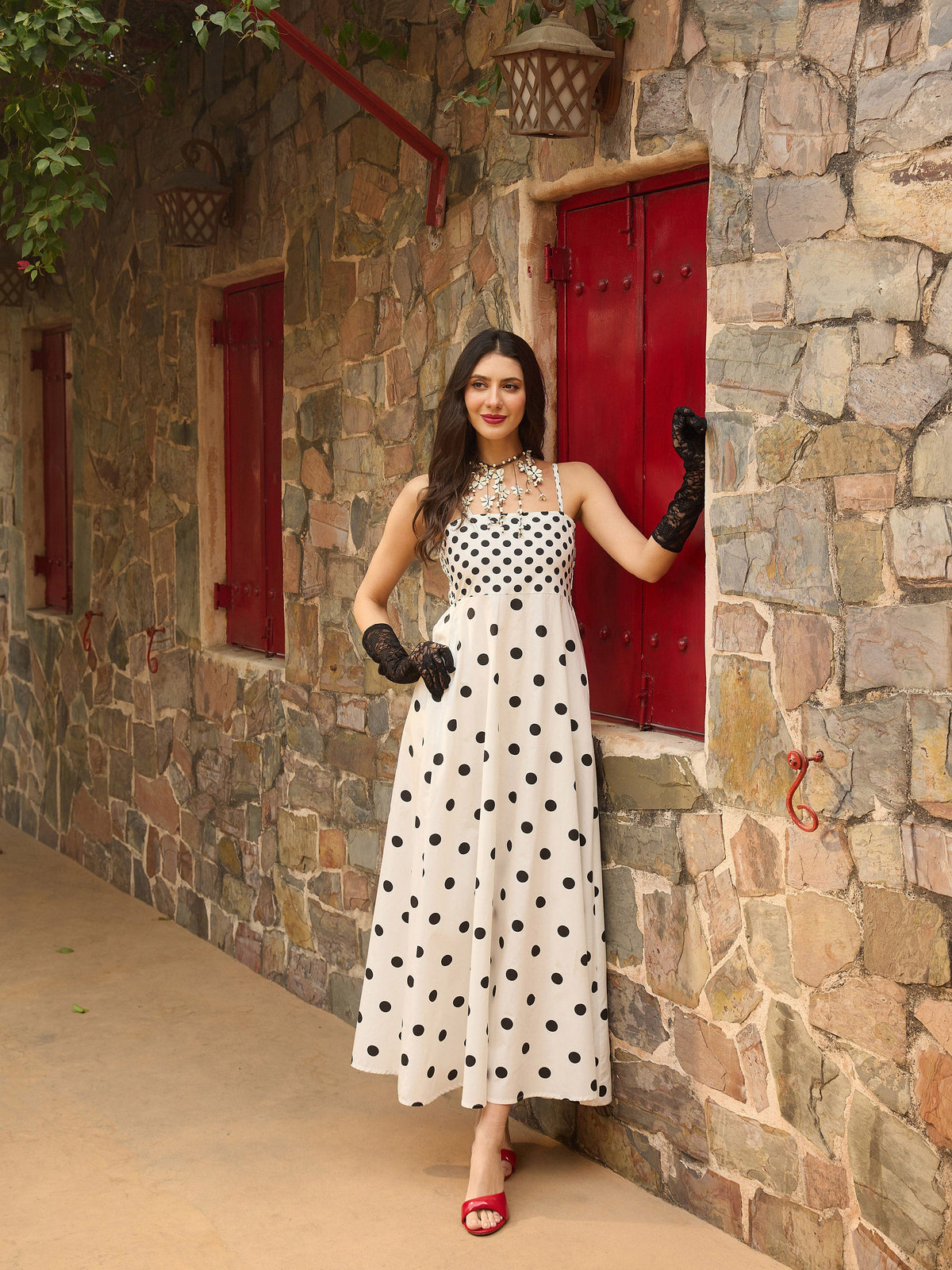 White & Black Polka Dot Strappy Maxi Dress-Pink Paprika By SASSAFRAS