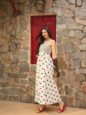 White & Black Polka Dot Strappy Maxi Dress-Pink Paprika By SASSAFRAS
