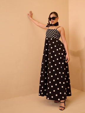 Black & White Polka Dot Strappy Maxi Dress-Pink Paprika By SASSAFRAS