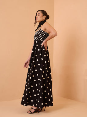 Black & White Polka Dot Strappy Maxi Dress-Pink Paprika By SASSAFRAS