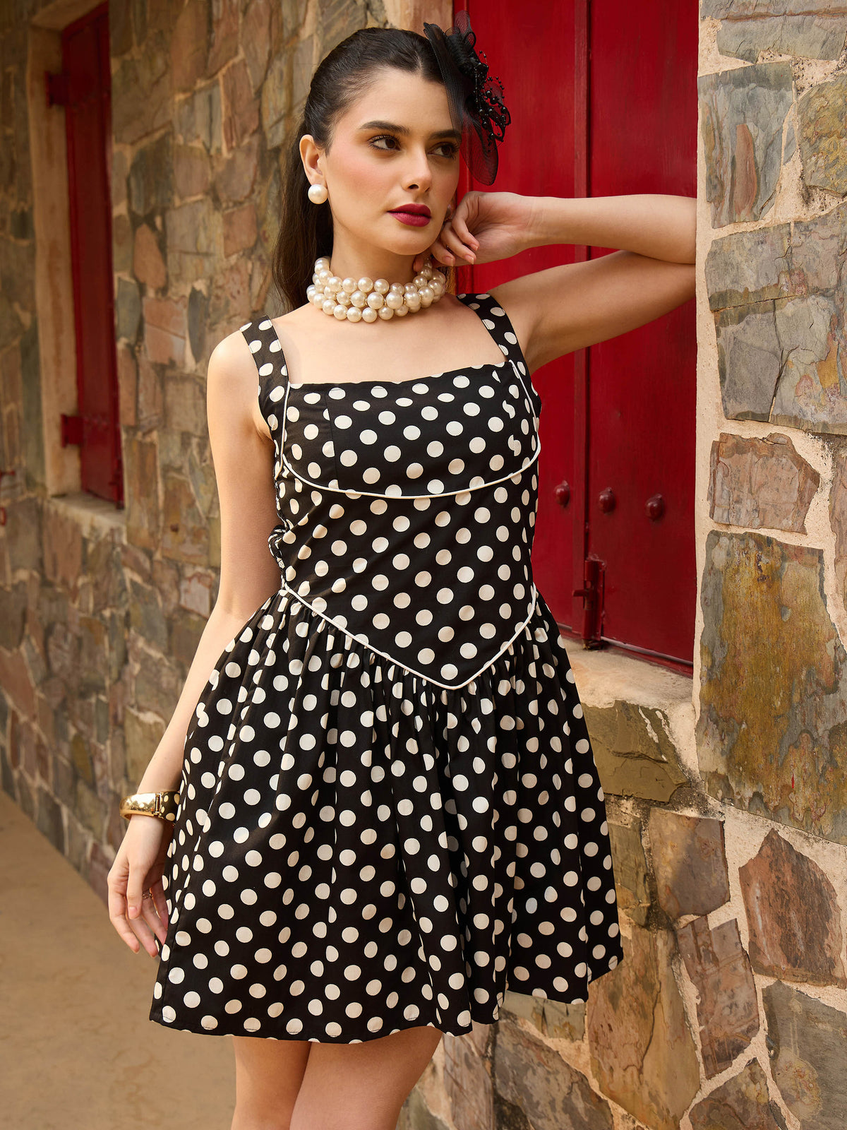 Black & White Small Polka Dot Strappy Short Dress-Pink Paprika By SASSAFRAS
