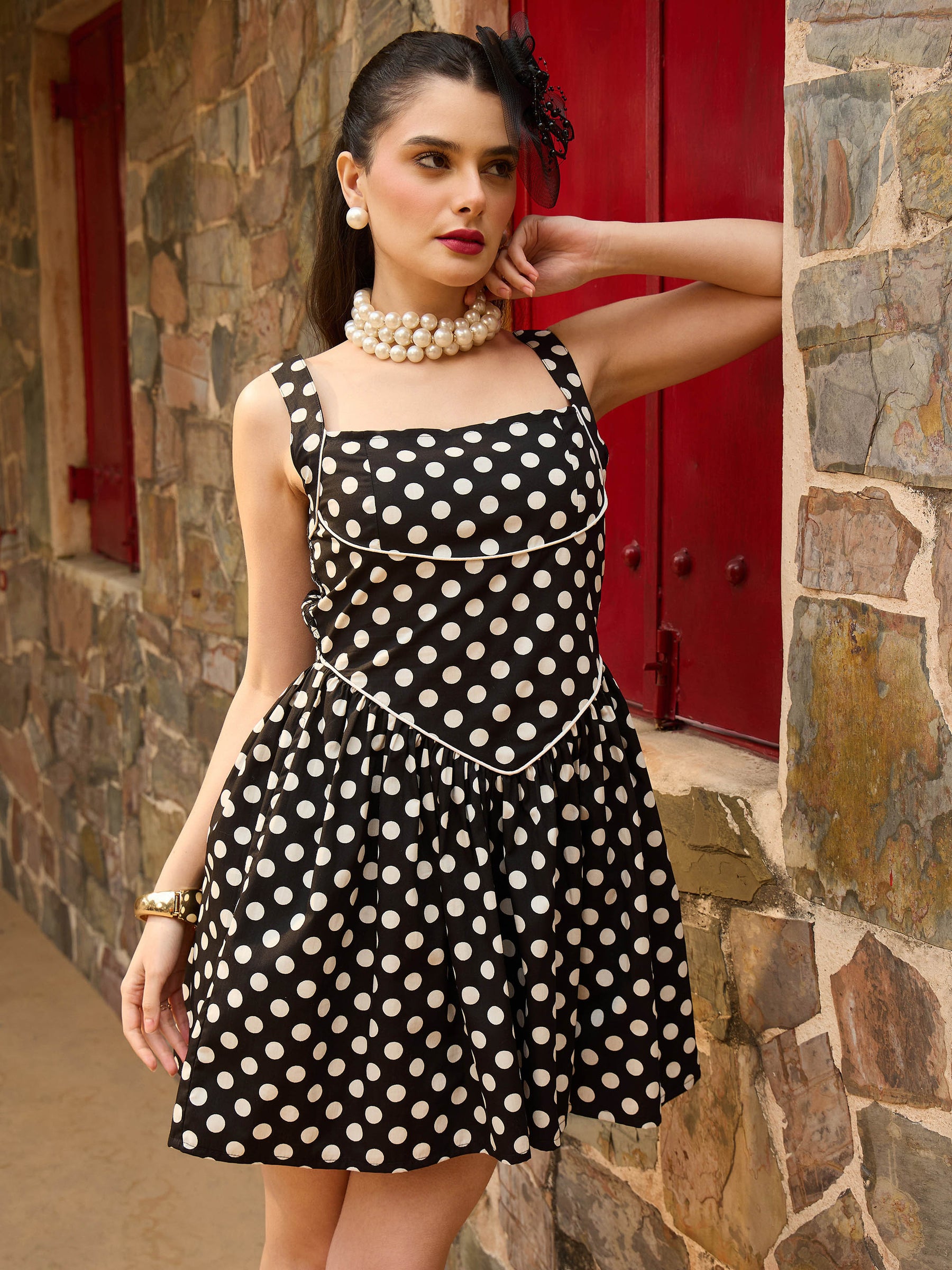Black & White Small Polka Dot Strappy Short Dress-Pink Paprika By SASSAFRAS