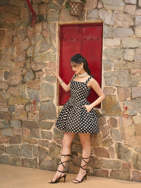 Black & White Small Polka Dot Strappy Short Dress-Pink Paprika By SASSAFRAS