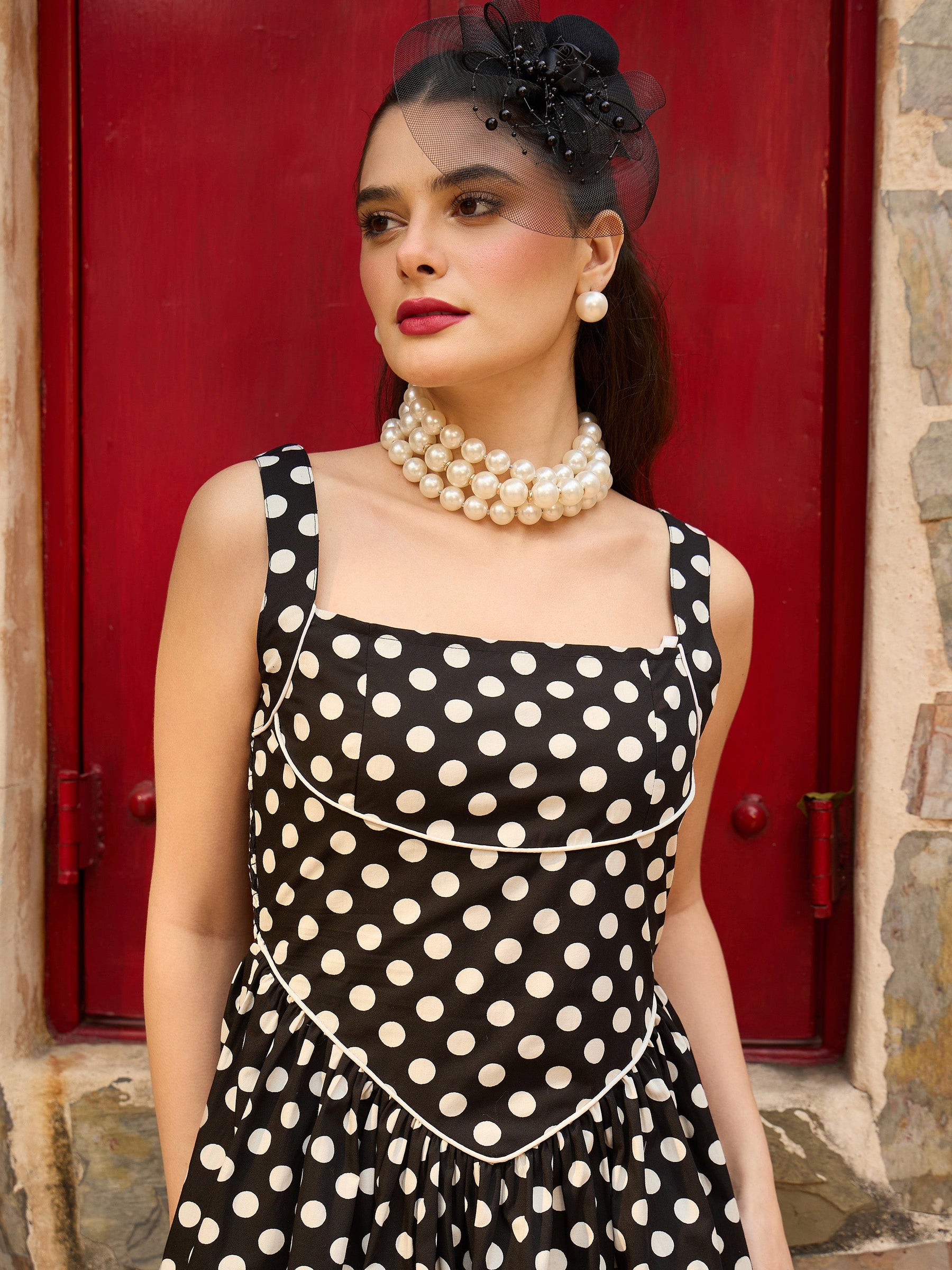 Black & White Small Polka Dot Strappy Short Dress-Pink Paprika By SASSAFRAS