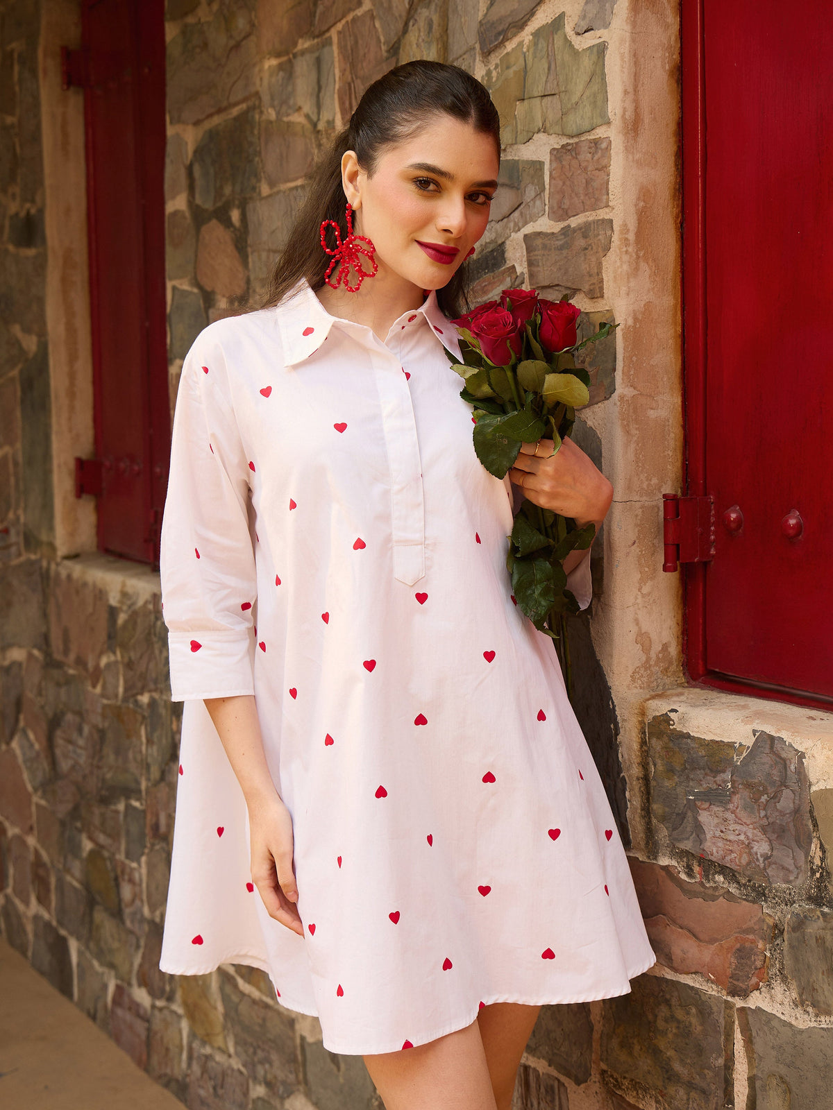 White & Red Heart Print Collar Neck Short Dress-Pink Paprika By SASSAFRAS