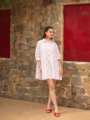 White & Red Heart Print Collar Neck Short Dress-Pink Paprika By SASSAFRAS