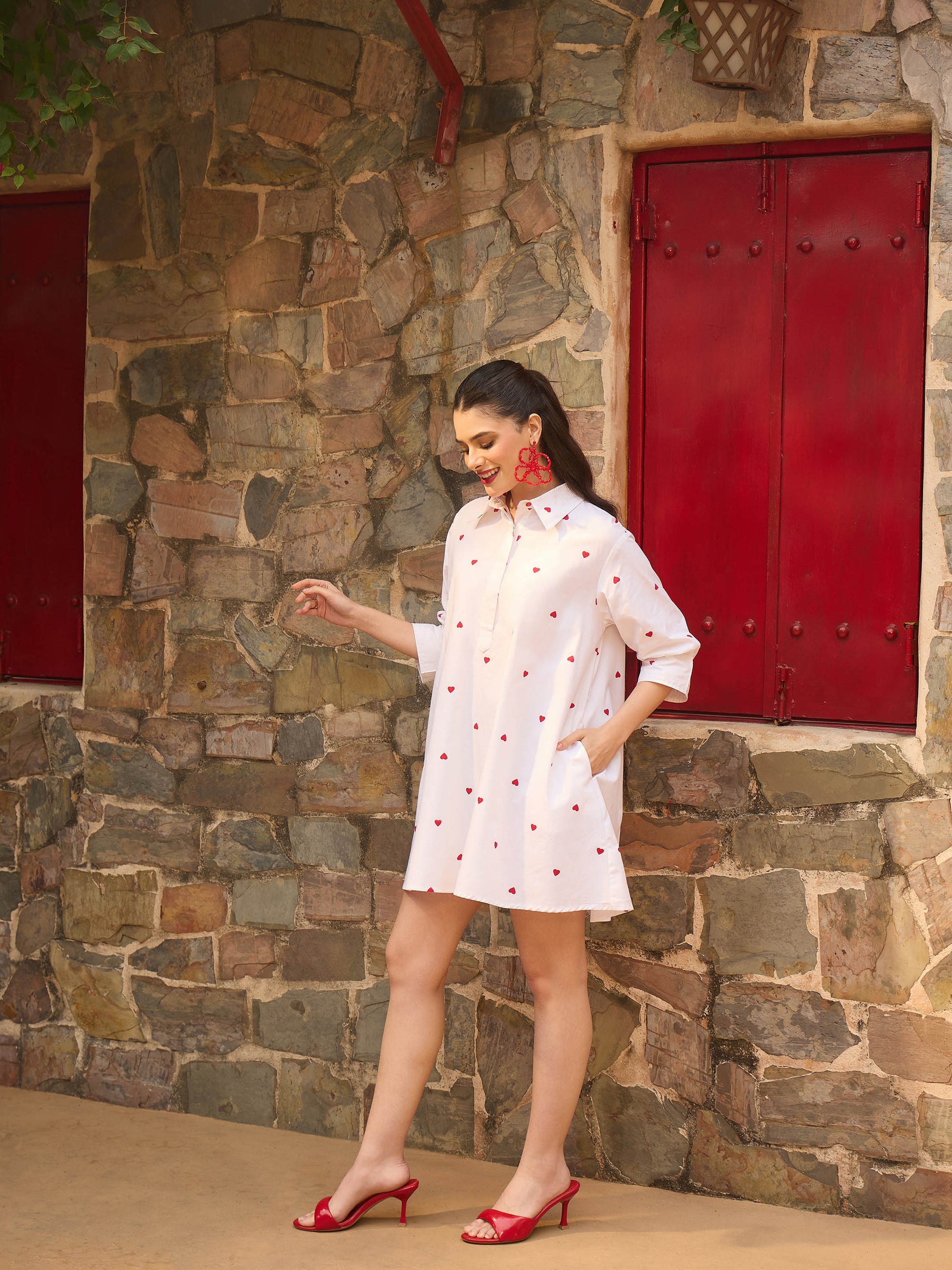 White & Red Heart Print Collar Neck Short Dress-Pink Paprika By SASSAFRAS