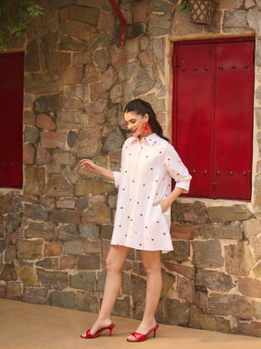 White & Red Heart Print Collar Neck Short Dress-Pink Paprika By SASSAFRAS