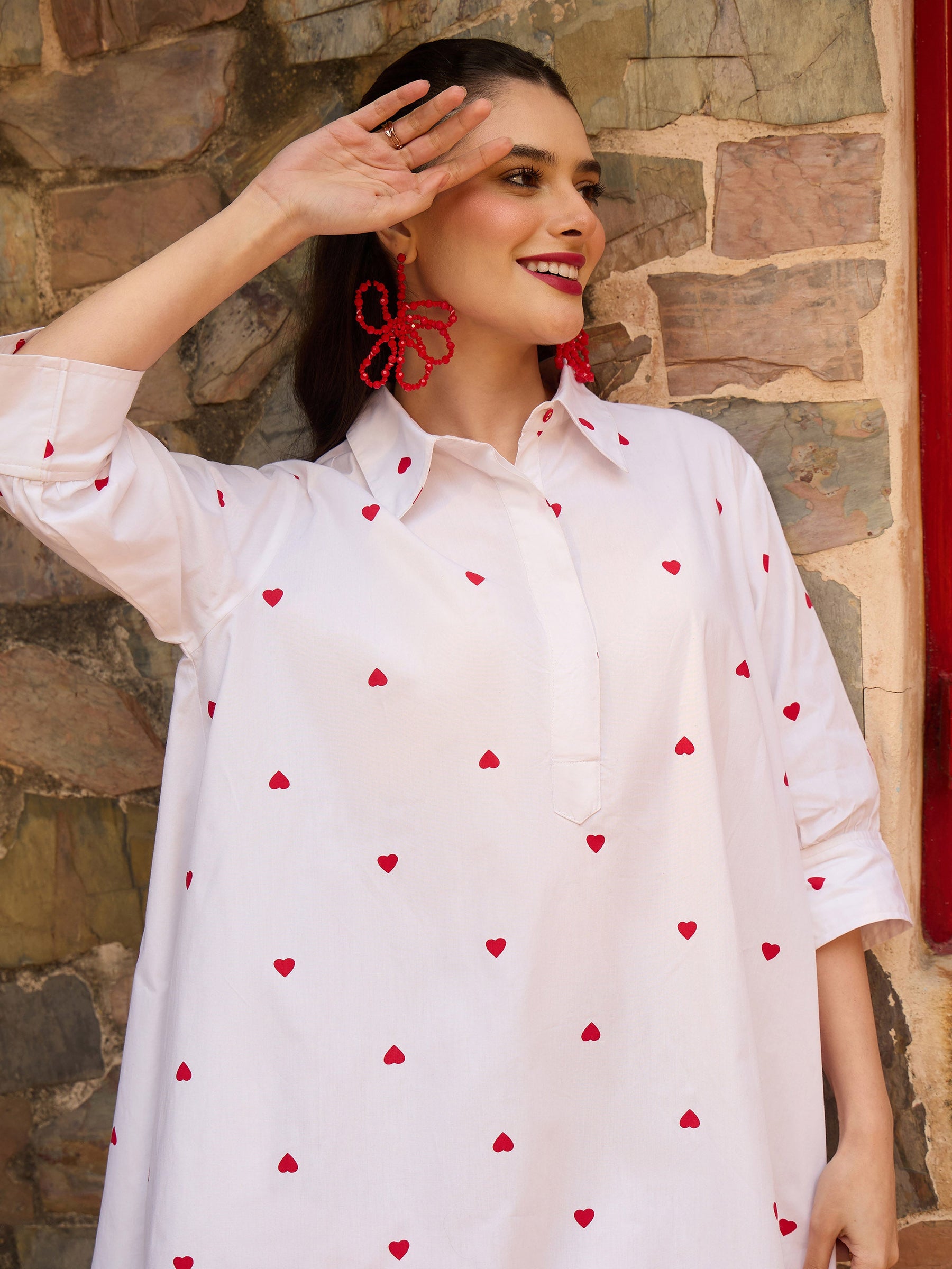 Buy Women White & Red Heart Print Collar Neck Short Dress Online at Best  Price