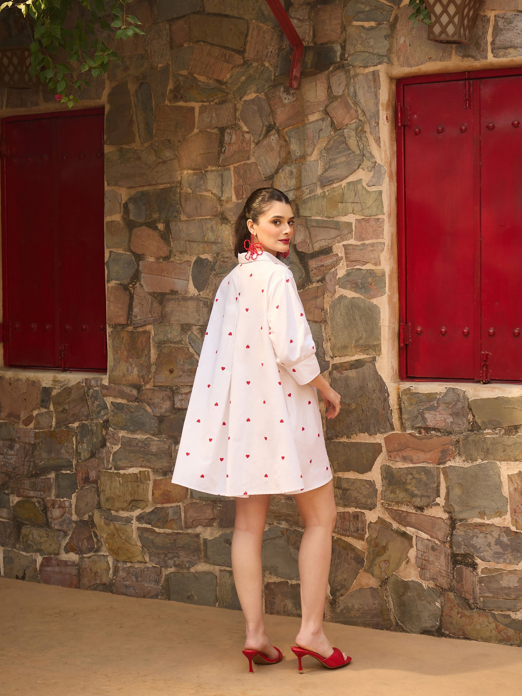 White & Red Heart Print Collar Neck Short Dress-Pink Paprika By SASSAFRAS