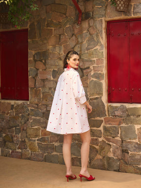 White & Red Heart Print Collar Neck Short Dress-Pink Paprika By SASSAFRAS