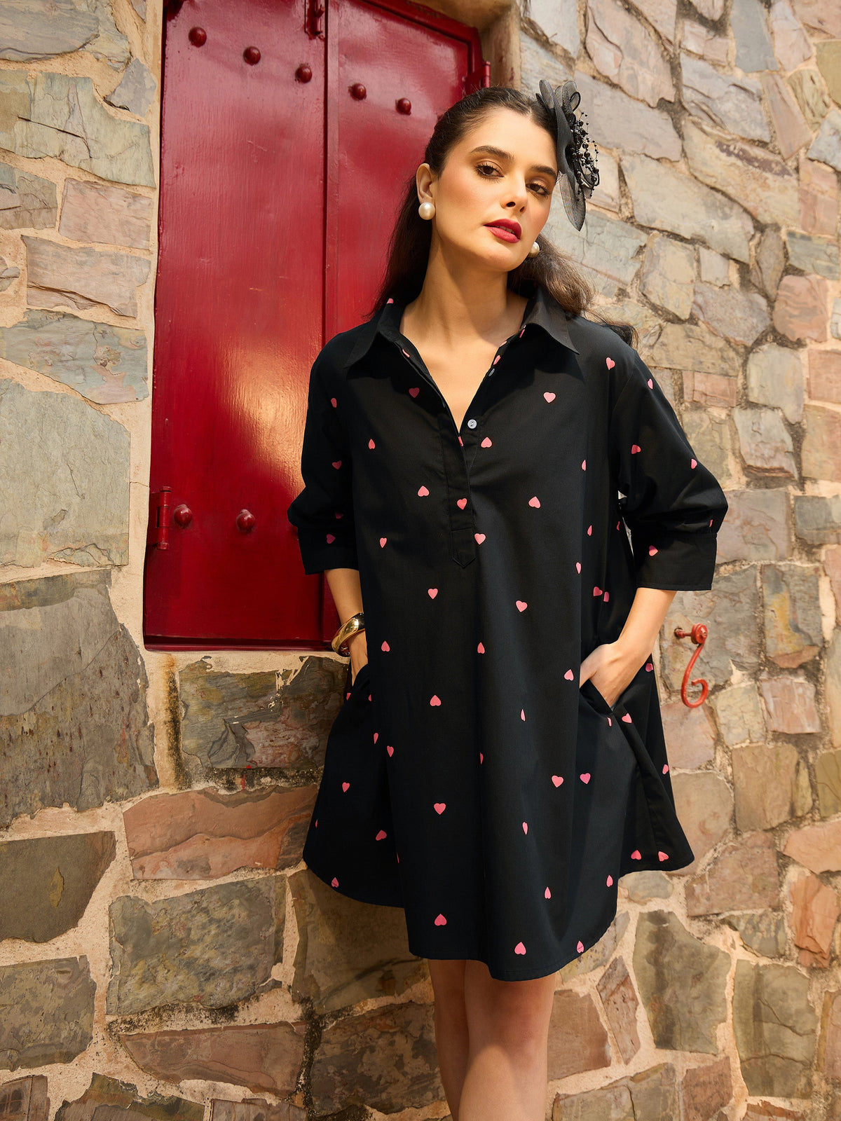 Black & Pink Heart Print Collar Neck Short Dress-Pink Paprika By SASSAFRAS