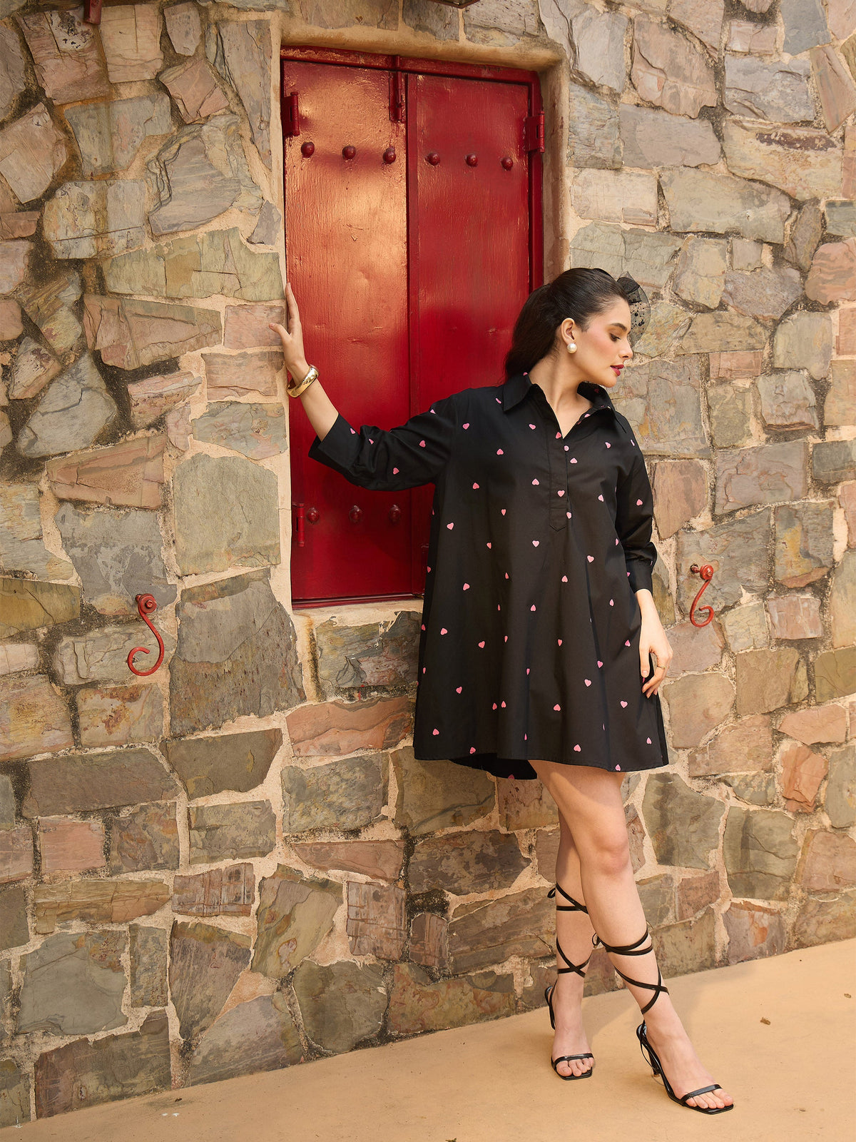 Black & Pink Heart Print Collar Neck Short Dress-Pink Paprika By SASSAFRAS