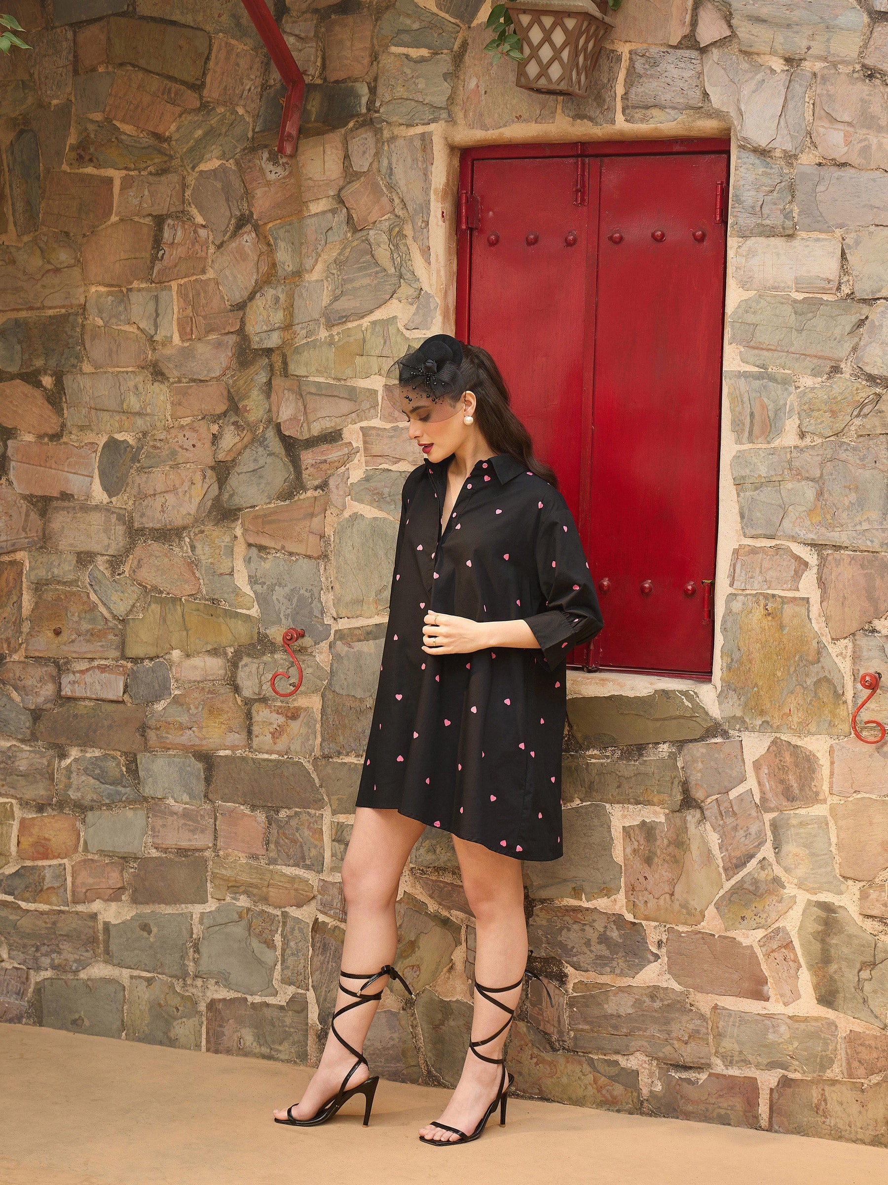 Black & Pink Heart Print Collar Neck Short Dress-Pink Paprika By SASSAFRAS