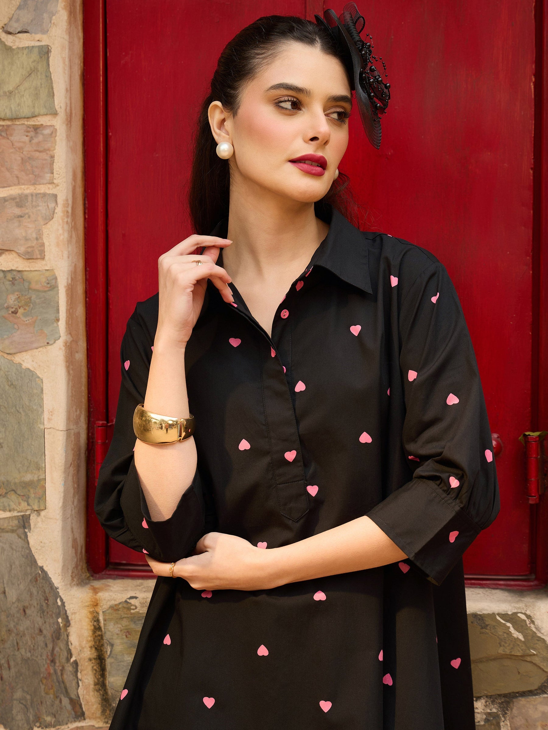 Black & Pink Heart Print Collar Neck Short Dress-Pink Paprika By SASSAFRAS