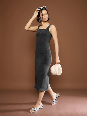 Black Denim Wash Strappy Midi Dress-SASSAFRAS