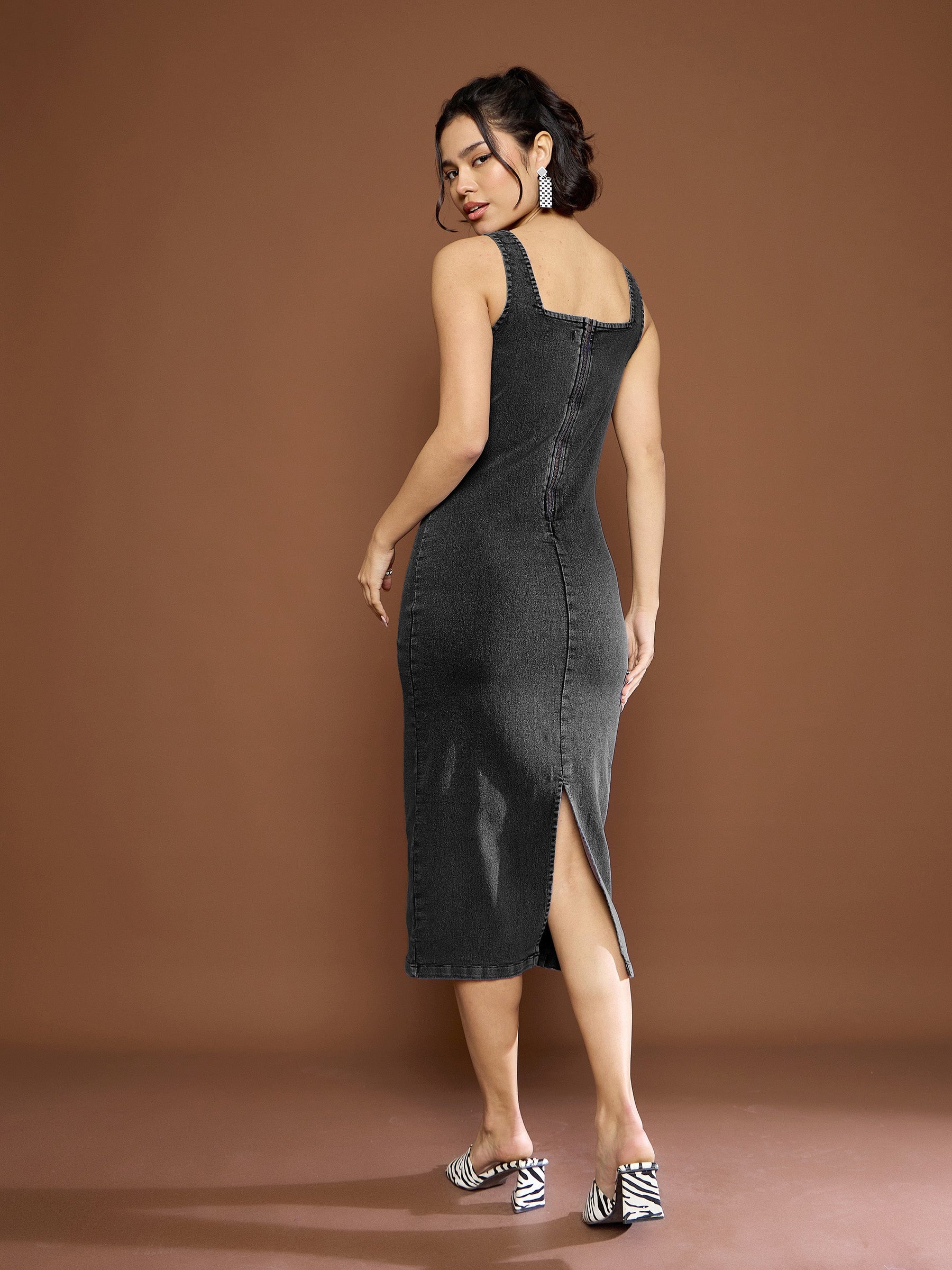 Black Denim Wash Strappy Midi Dress-SASSAFRAS