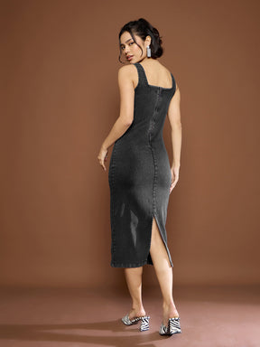 Black Denim Wash Strappy Midi Dress-SASSAFRAS