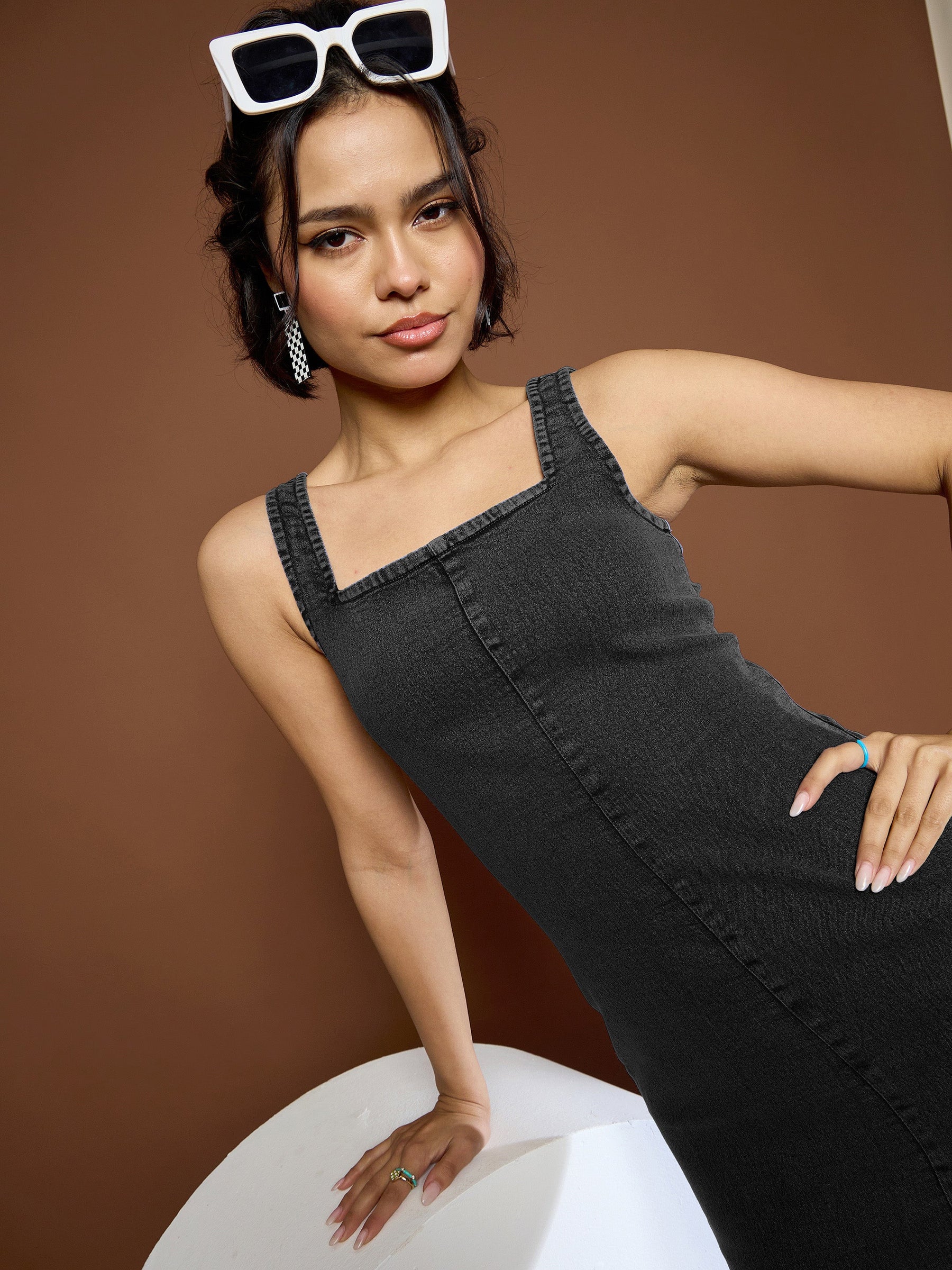 Black Denim Wash Strappy Midi Dress-SASSAFRAS