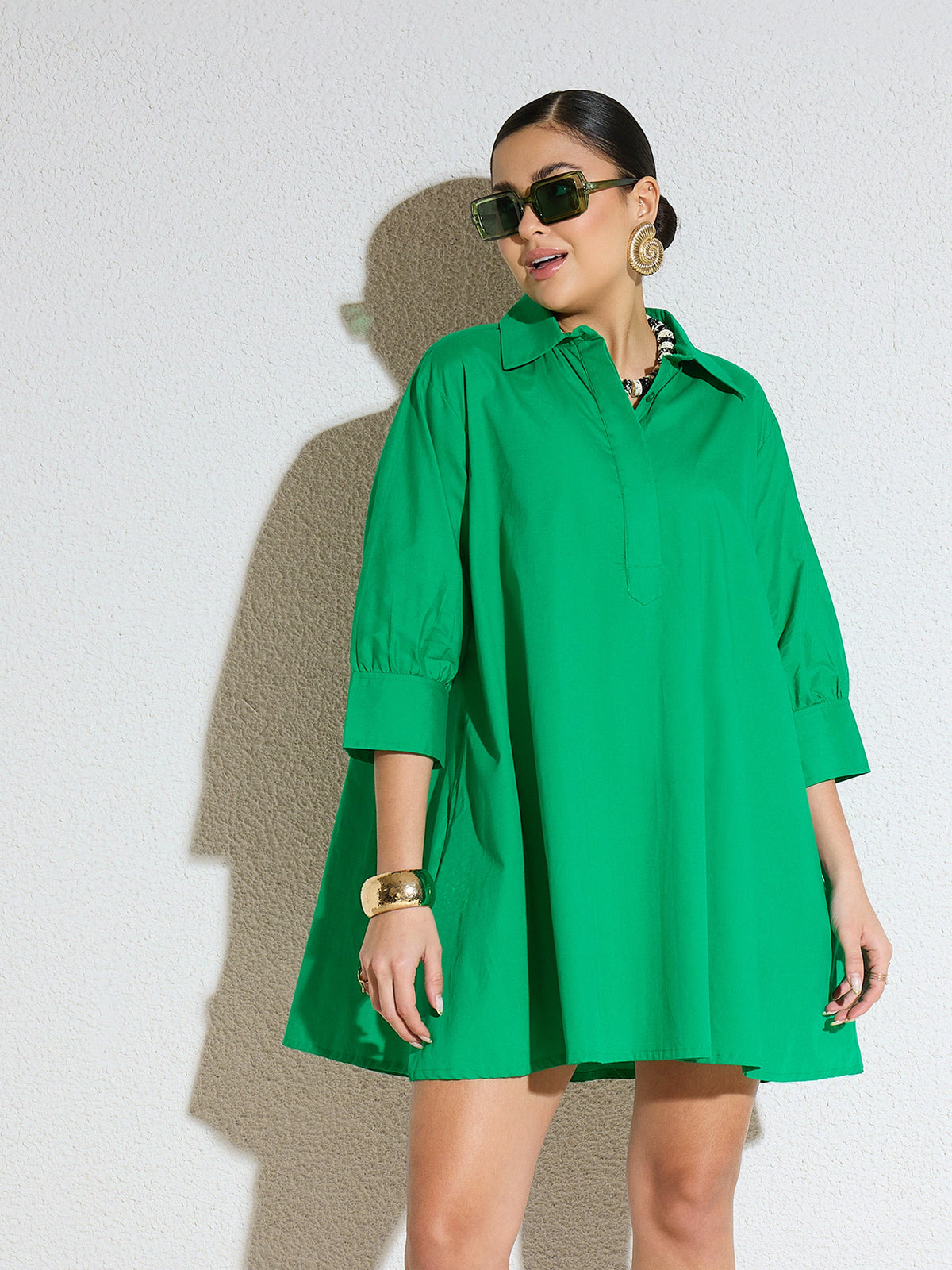 Green Poplin A-Line Flared Short Dress-SASSAFRAS