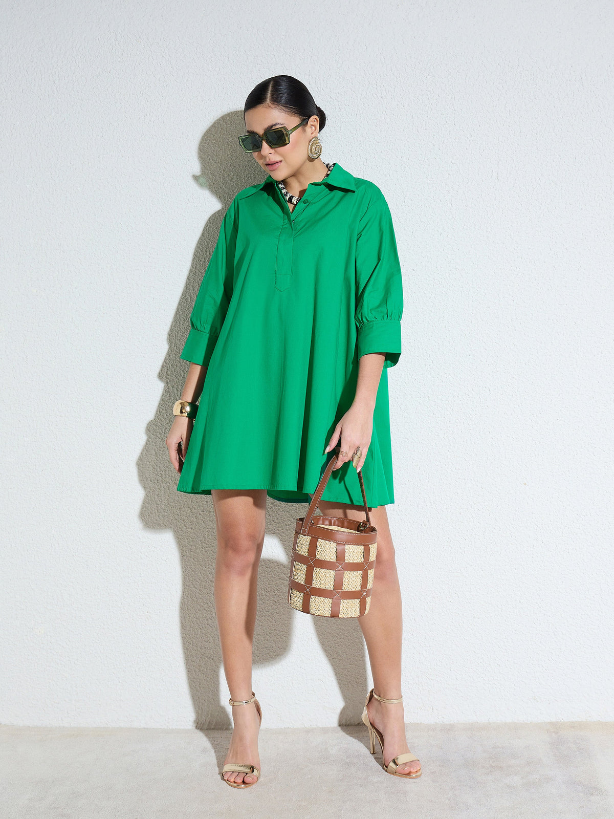 Green Poplin A-Line Flared Short Dress-SASSAFRAS