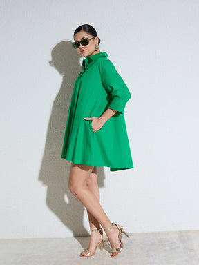 Green Poplin A-Line Flared Short Dress-SASSAFRAS