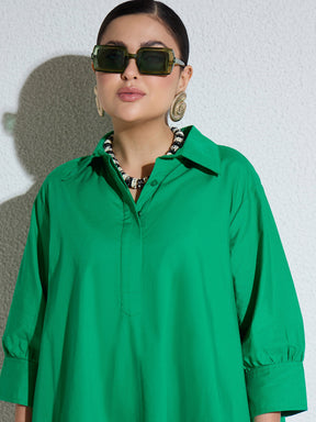 Green Poplin A-Line Flared Short Dress-SASSAFRAS