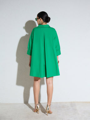 Green Poplin A-Line Flared Short Dress-SASSAFRAS