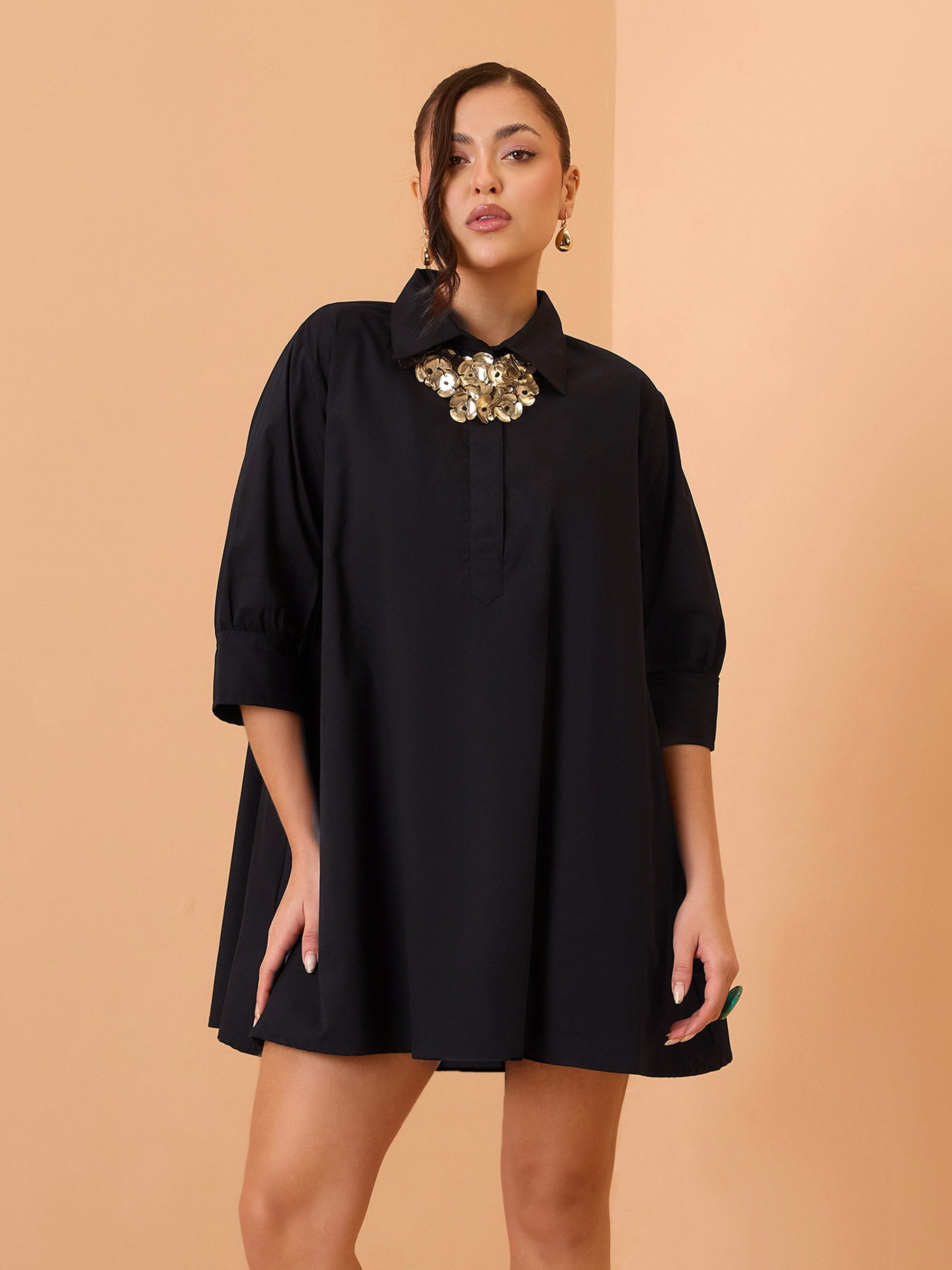 Black Poplin A-Line Flared Short Dress-SASSAFRAS