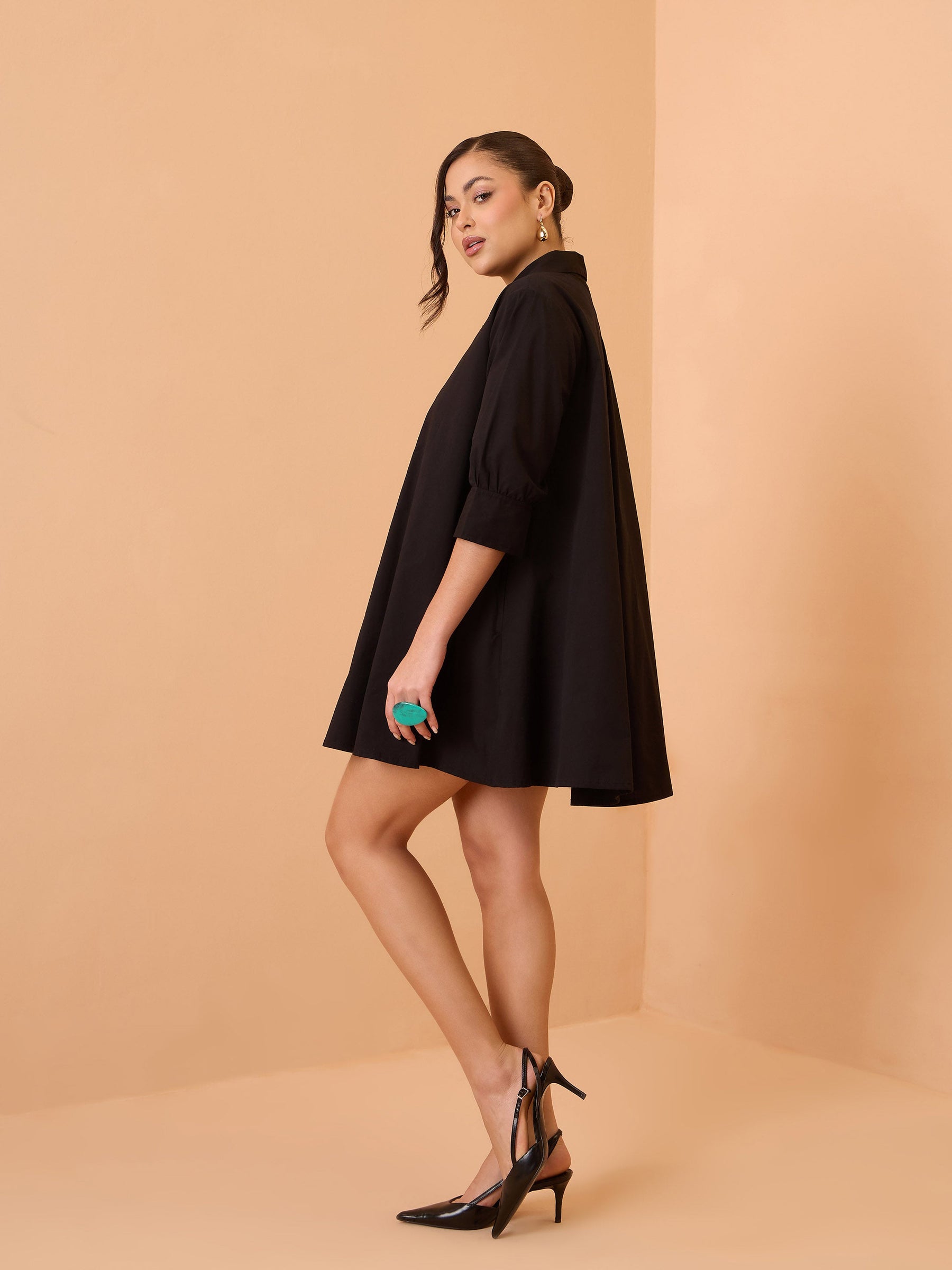 Black Poplin A-Line Flared Short Dress-SASSAFRAS