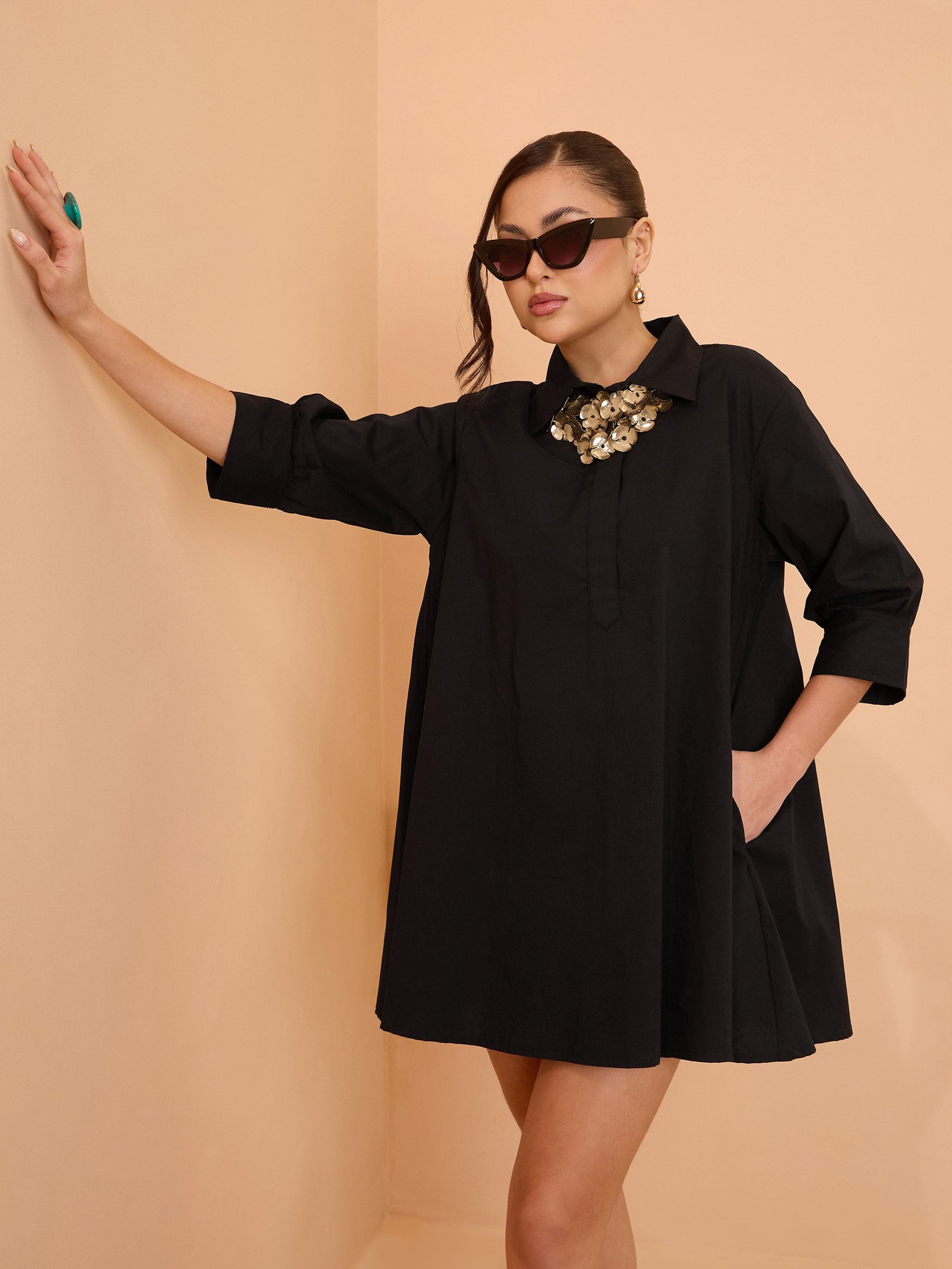 Black Poplin A-Line Flared Short Dress-SASSAFRAS