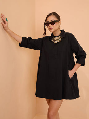 Black Poplin A-Line Flared Short Dress-SASSAFRAS