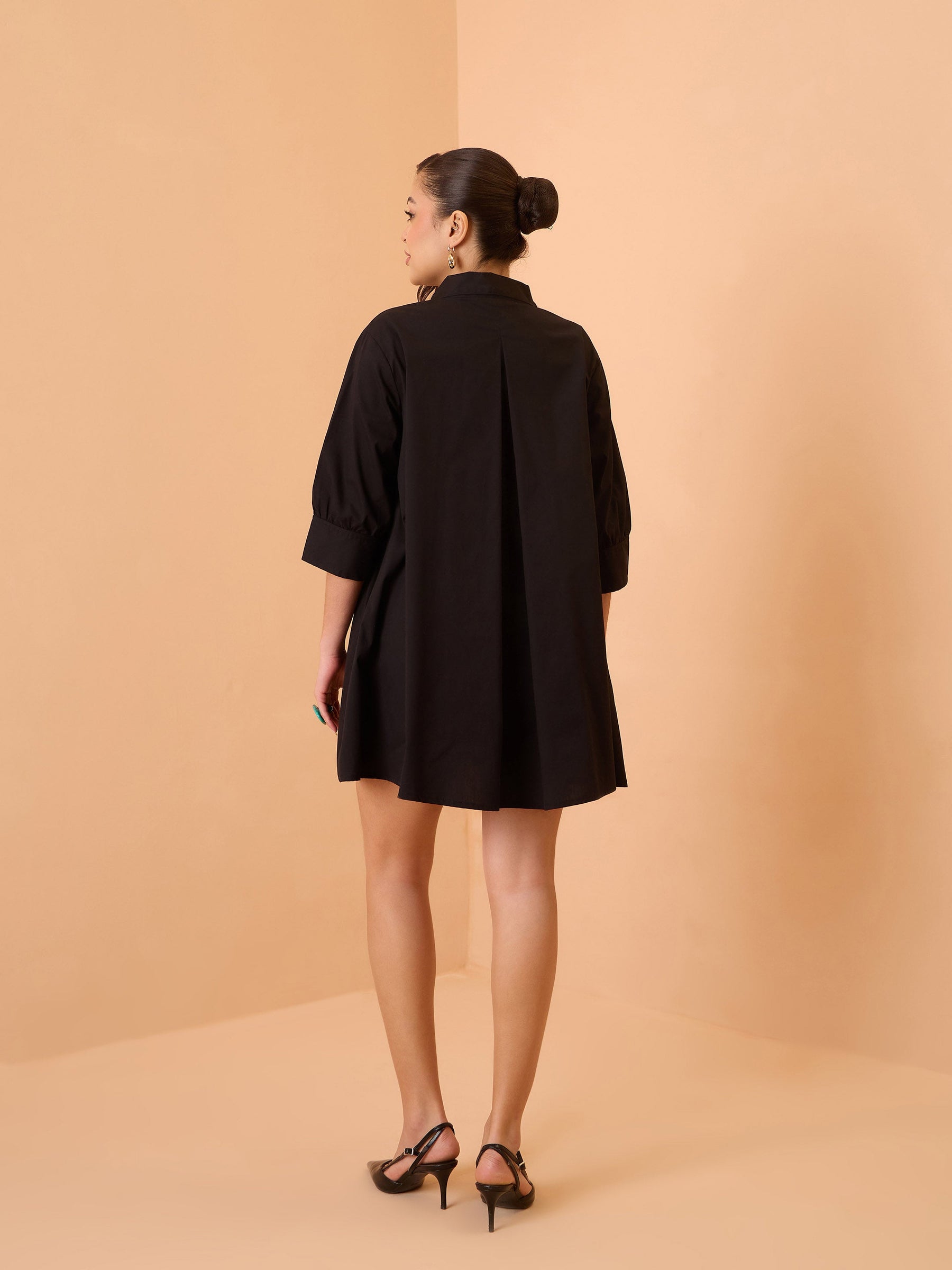 Black Poplin A-Line Flared Short Dress-SASSAFRAS