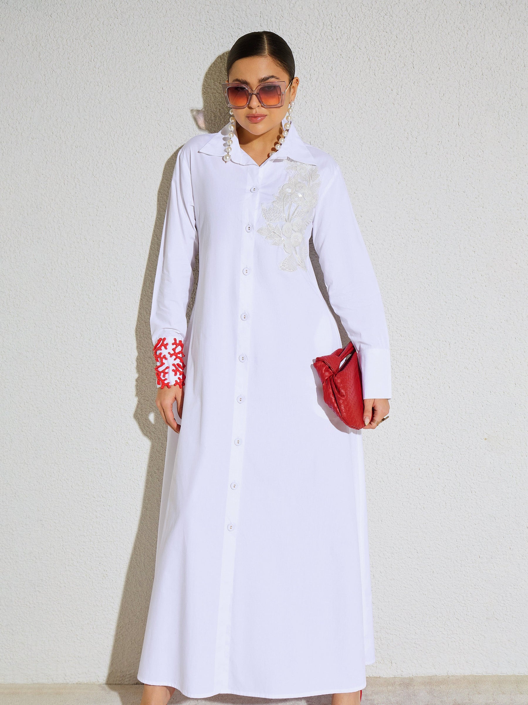 White Poplin Button Down Shirt Midi Dress-SASSAFRAS