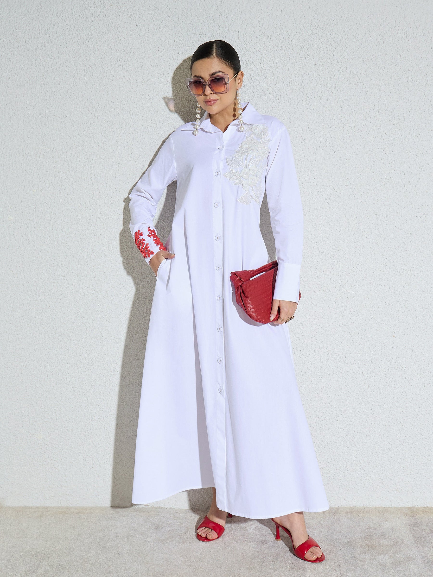 White Poplin Button Down Shirt Midi Dress-SASSAFRAS