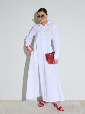 White Poplin Button Down Shirt Midi Dress-SASSAFRAS
