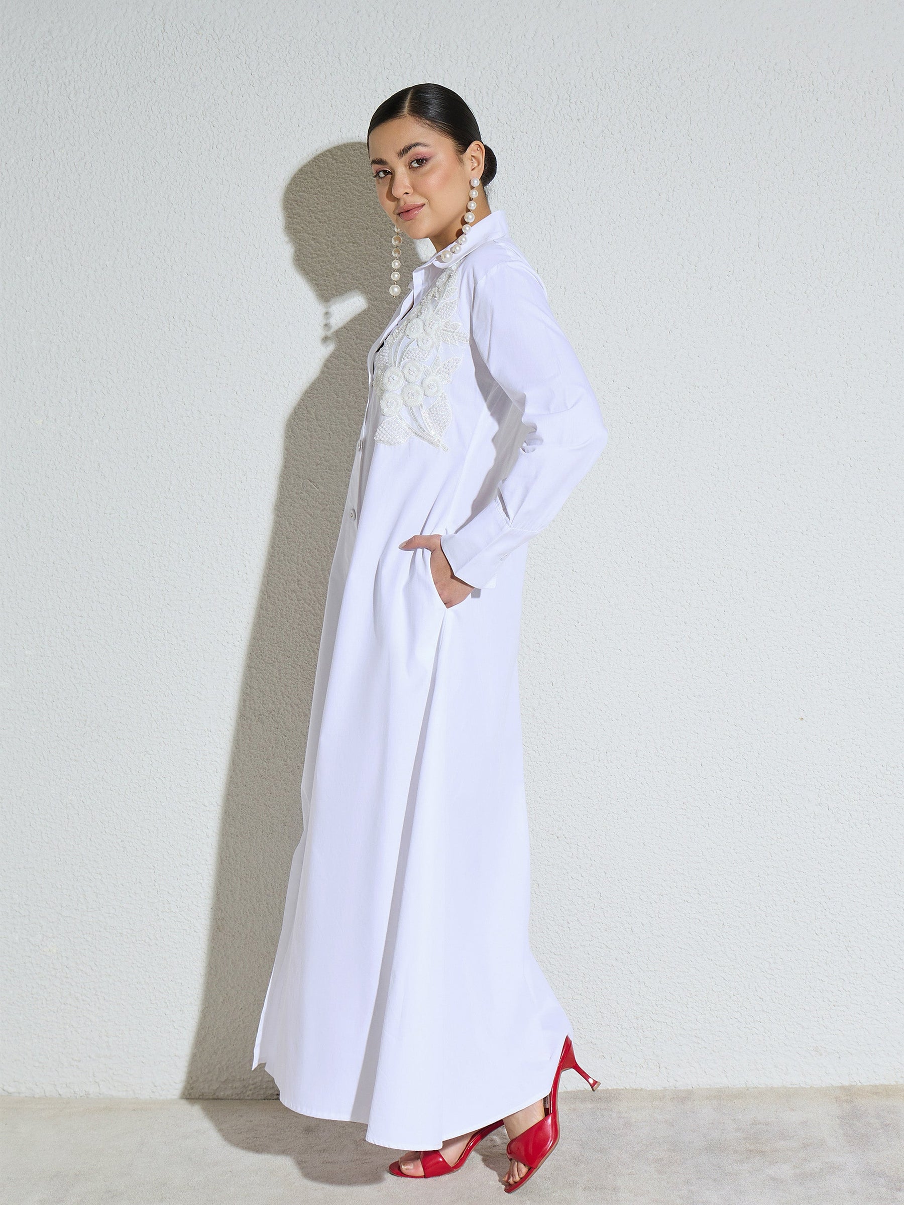 White Poplin Button Down Shirt Midi Dress-SASSAFRAS