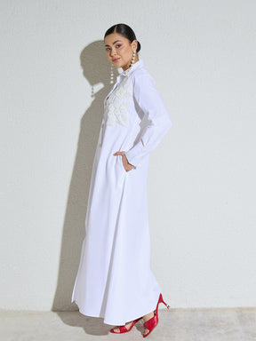 White Poplin Button Down Shirt Midi Dress-SASSAFRAS