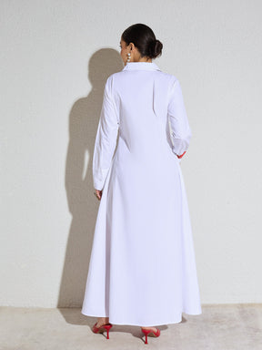White Poplin Button Down Shirt Midi Dress-SASSAFRAS