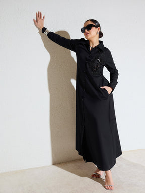Black Poplin Button Down Shirt Midi Dress-SASSAFRAS