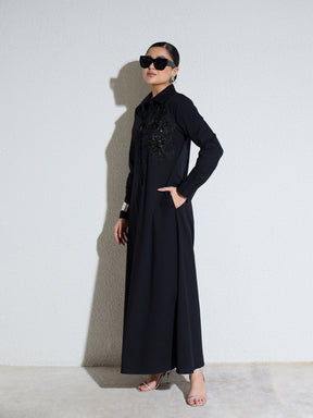 Black Poplin Button Down Shirt Midi Dress-SASSAFRAS