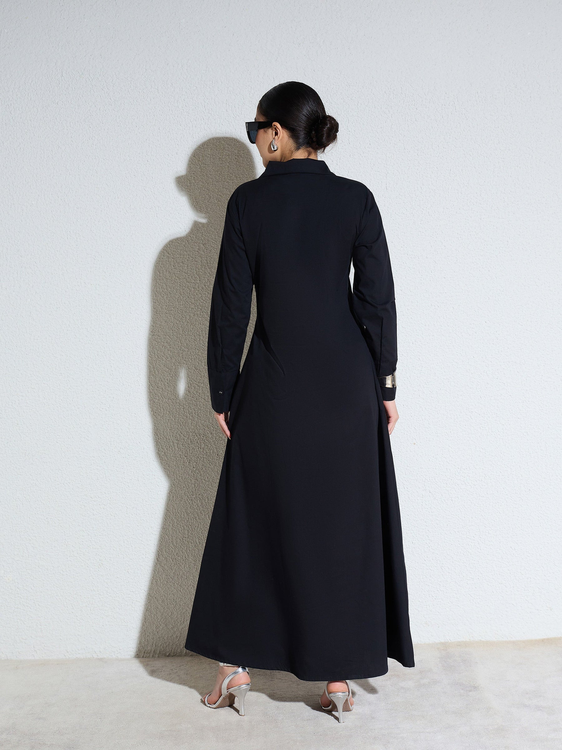 Black Poplin Button Down Shirt Midi Dress-SASSAFRAS