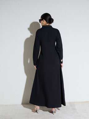 Black Poplin Button Down Shirt Midi Dress-SASSAFRAS