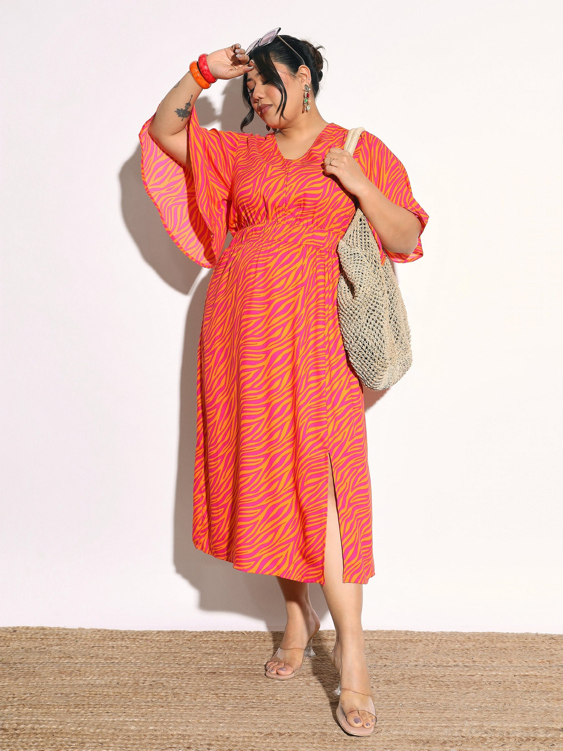 Orange Printed Front Slit Midi Dress-SASSAFRAS Curve