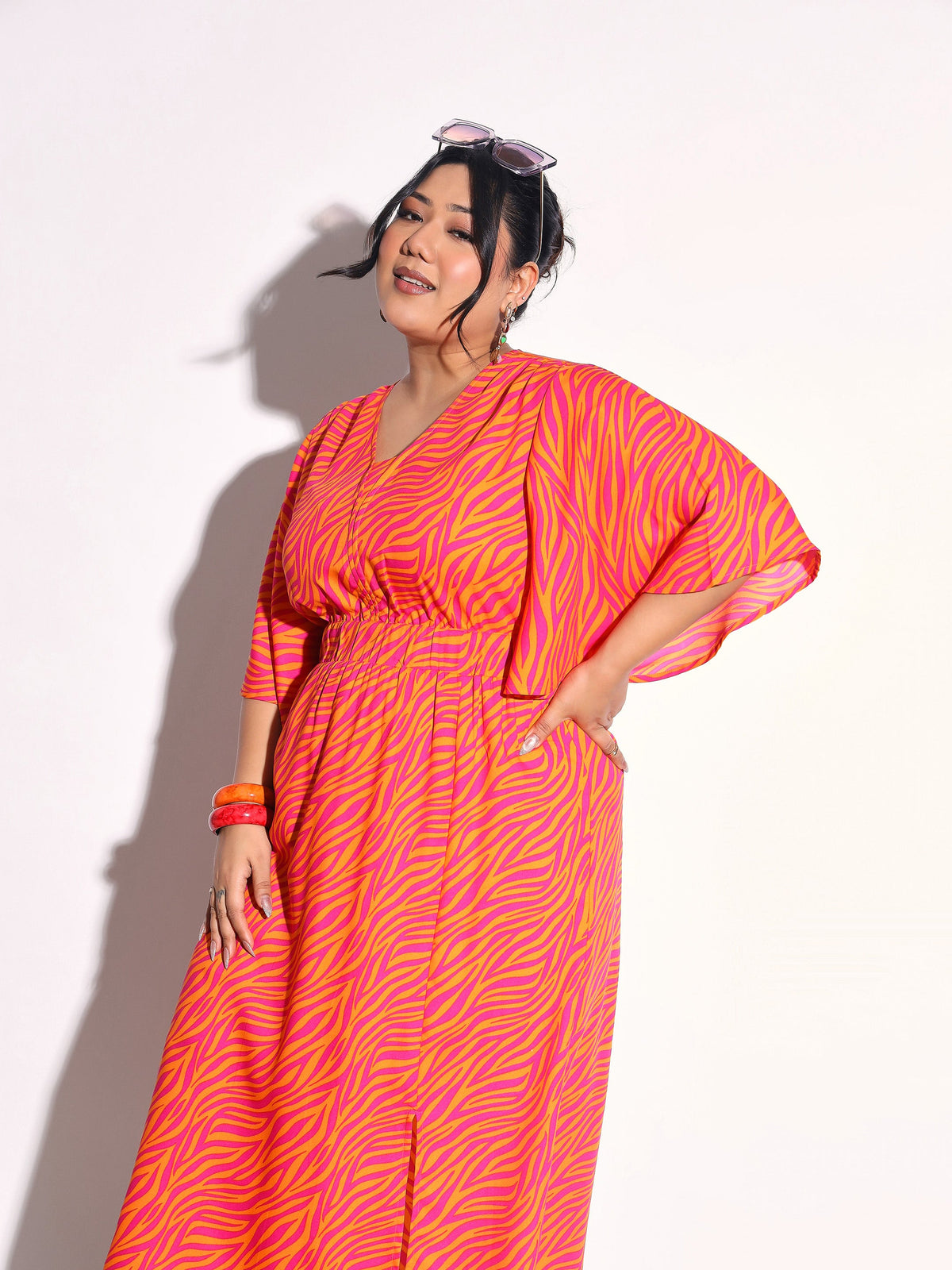 Orange Printed Front Slit Midi Dress-SASSAFRAS Curve