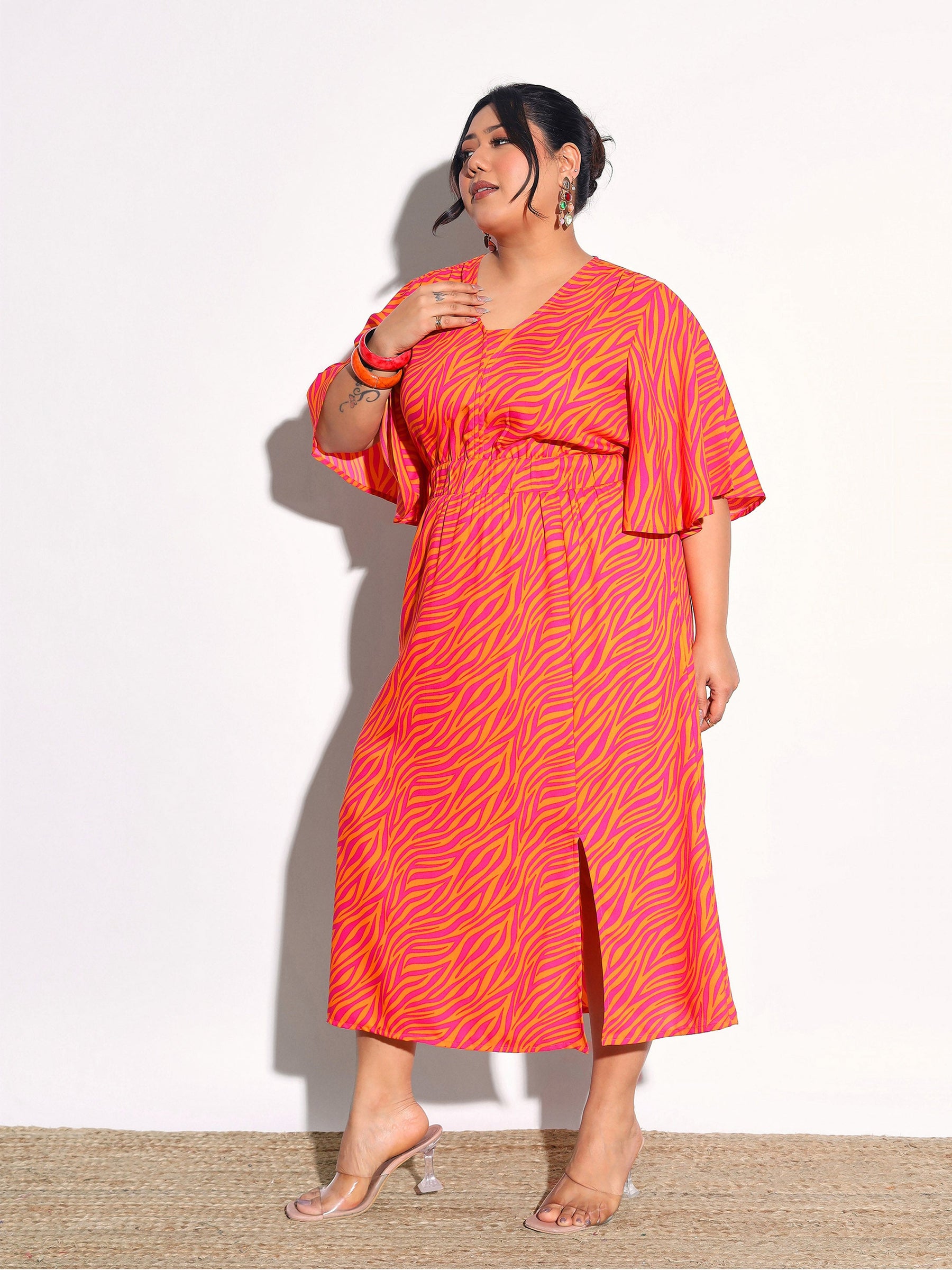 Orange Printed Front Slit Midi Dress-SASSAFRAS Curve