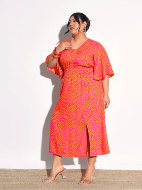 Orange Printed Front Slit Midi Dress-SASSAFRAS Curve