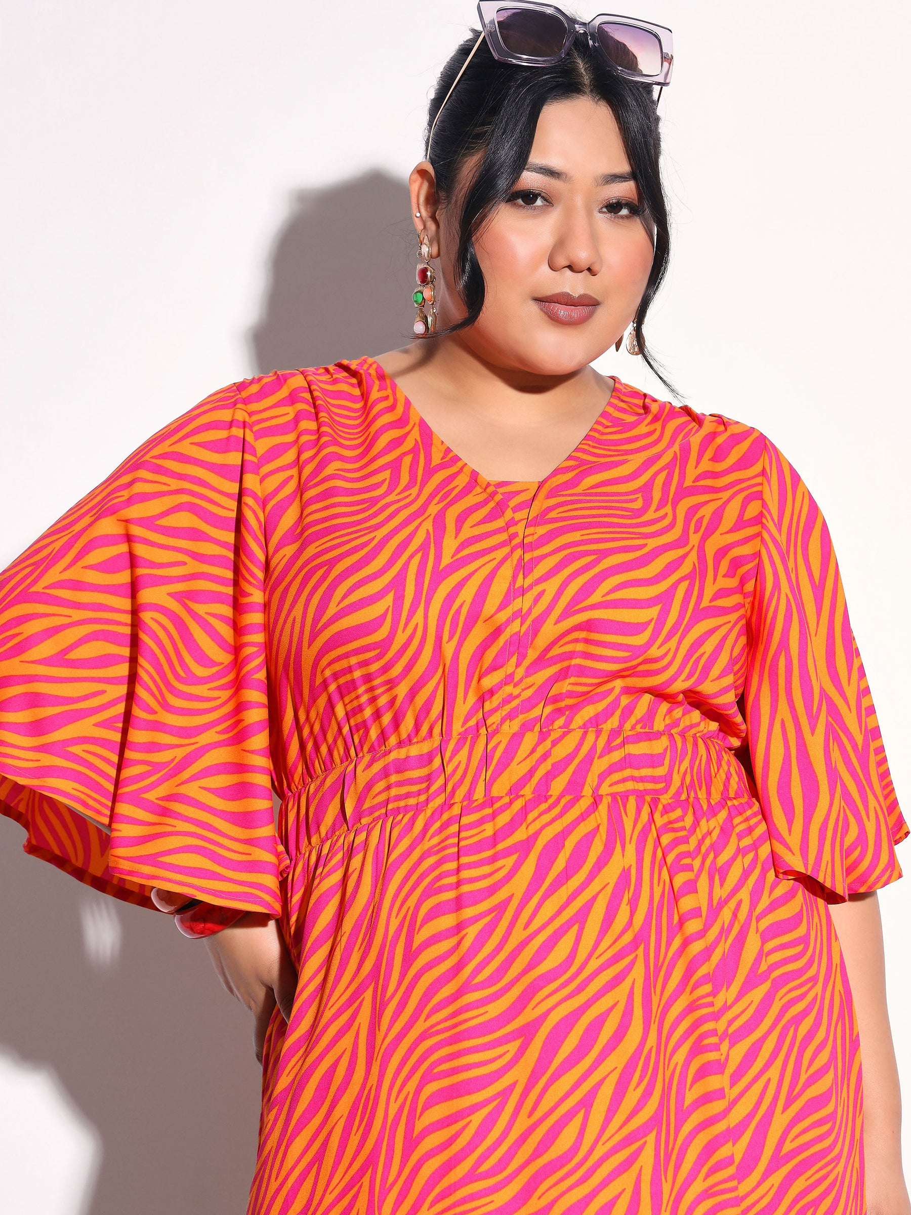 Orange Printed Front Slit Midi Dress-SASSAFRAS Curve