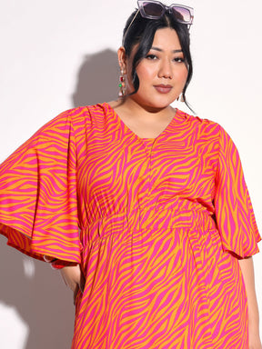 Orange Printed Front Slit Midi Dress-SASSAFRAS Curve